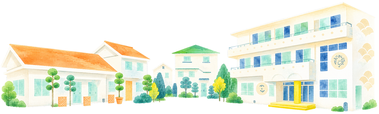 菊水学園の園舎と家々のイラスト